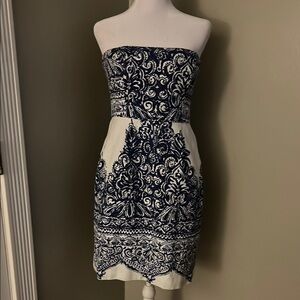 Blue and White Strapless Sheath Cocktail Dress